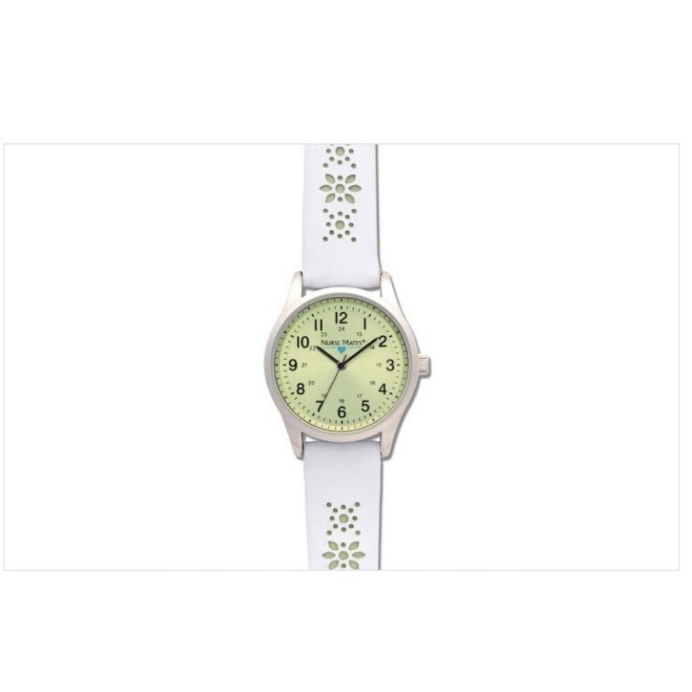 Nurse Mates Floral women's nurse watch water-resistant leather strap - White